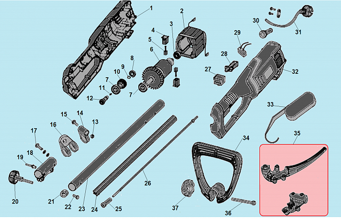 1 Электродвигатель - Щетки - Якорь - Статор - Выключатель ТРИММЕР ЭЛЕКТРИЧЕСКИЙ CHAMPION ET1204А