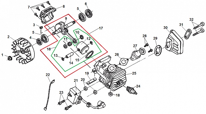 1 ПОРШЕНЬ - ЦИЛИНДР - СВЕЧА - МАХОВИК - МАГНЕТО БЕНЗОПИЛА CHAMPION 125T-10