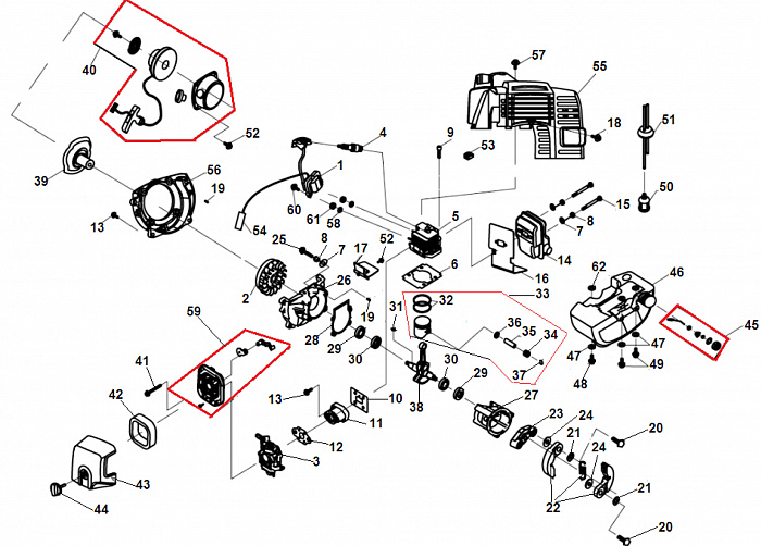 1 ПОРШЕНЬ - ЦИЛИНДР - КОЛЕНВАЛ - КОЛЬЦА - МАГНЕТО - МАХОВИК - СТАРТЕР БЕНЗОНОЖНИЦЫ CHAMPION HT726R