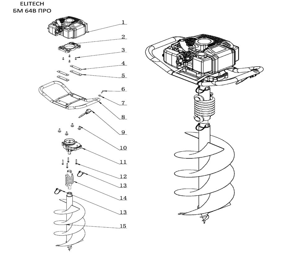 ЗАПЧАСТИ ДЛЯ МОТОБУРА БЕНЗИНОВОГО ELITECH БМ 64В ПРО (ОБЩАЯ)