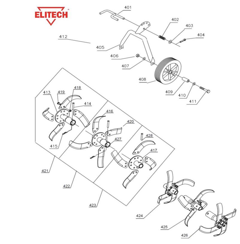 ЗАПЧАСТИ ДЛЯ КУЛЬТИВАТОРА БЕНЗИНОВОГО ELITECH КБ 60Н (ШНЕК, КОЛЕСА)