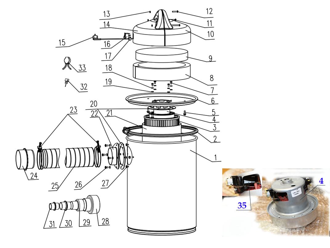 ЗАПЧАСТИ ДЛЯ ПЫЛЕСОСА СТРОИТЕЛЬНОГО ЭЛЕКТРИЧЕСКОГО ELITECH ПДС 1100К