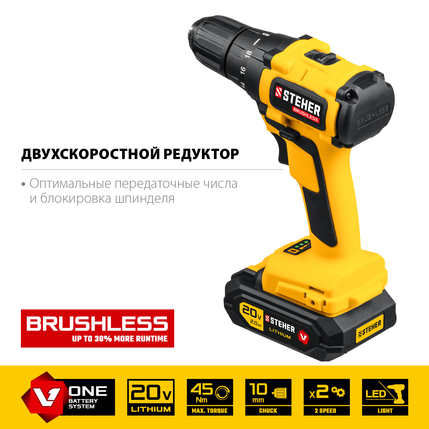 Бесщеточная дрель-шуруповерт, 1 АКБ (2 Ач), в кейсе CDB-200-1